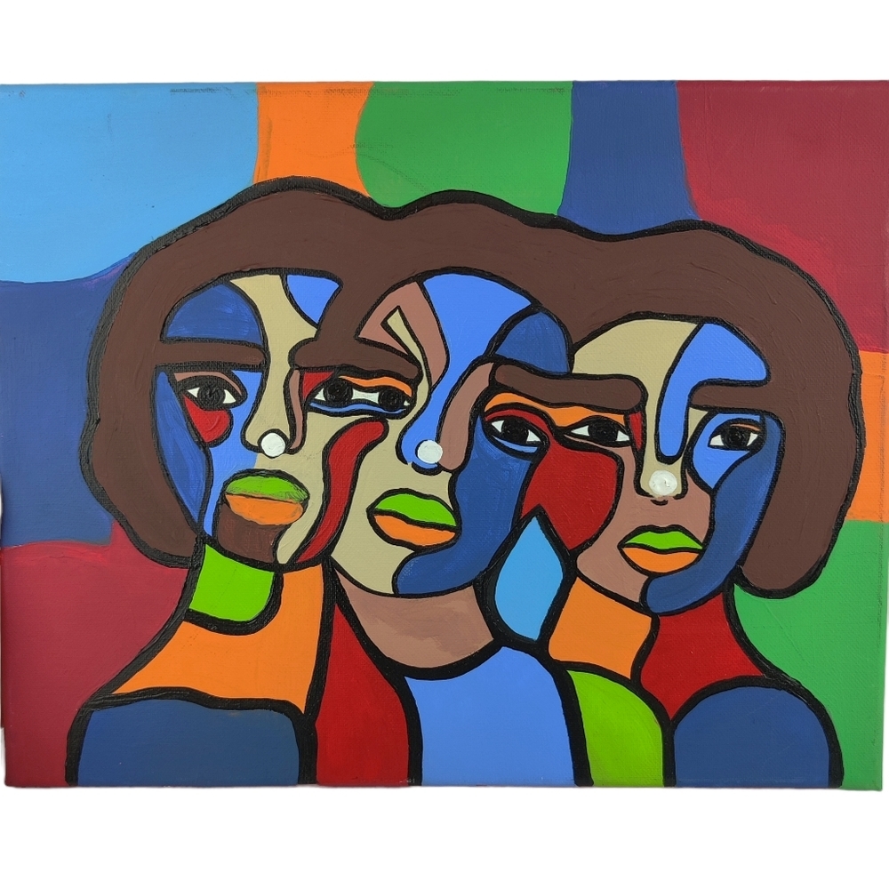 Vivid Colorful Abstract Faces Painting Pop Art Cubist Whimsical Modern